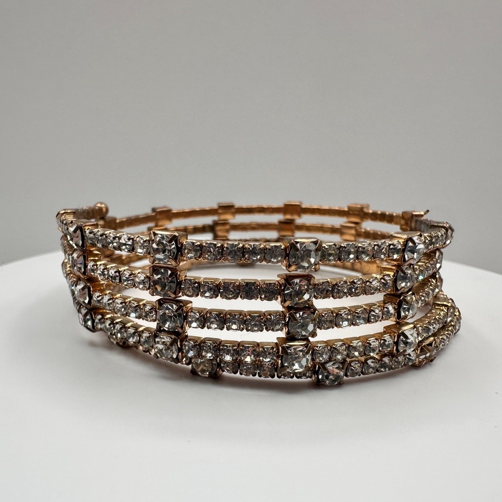 Vintage Gold Tone Rhinestone Coil Wrap Bracelet - Mid-Century Glam Y2K